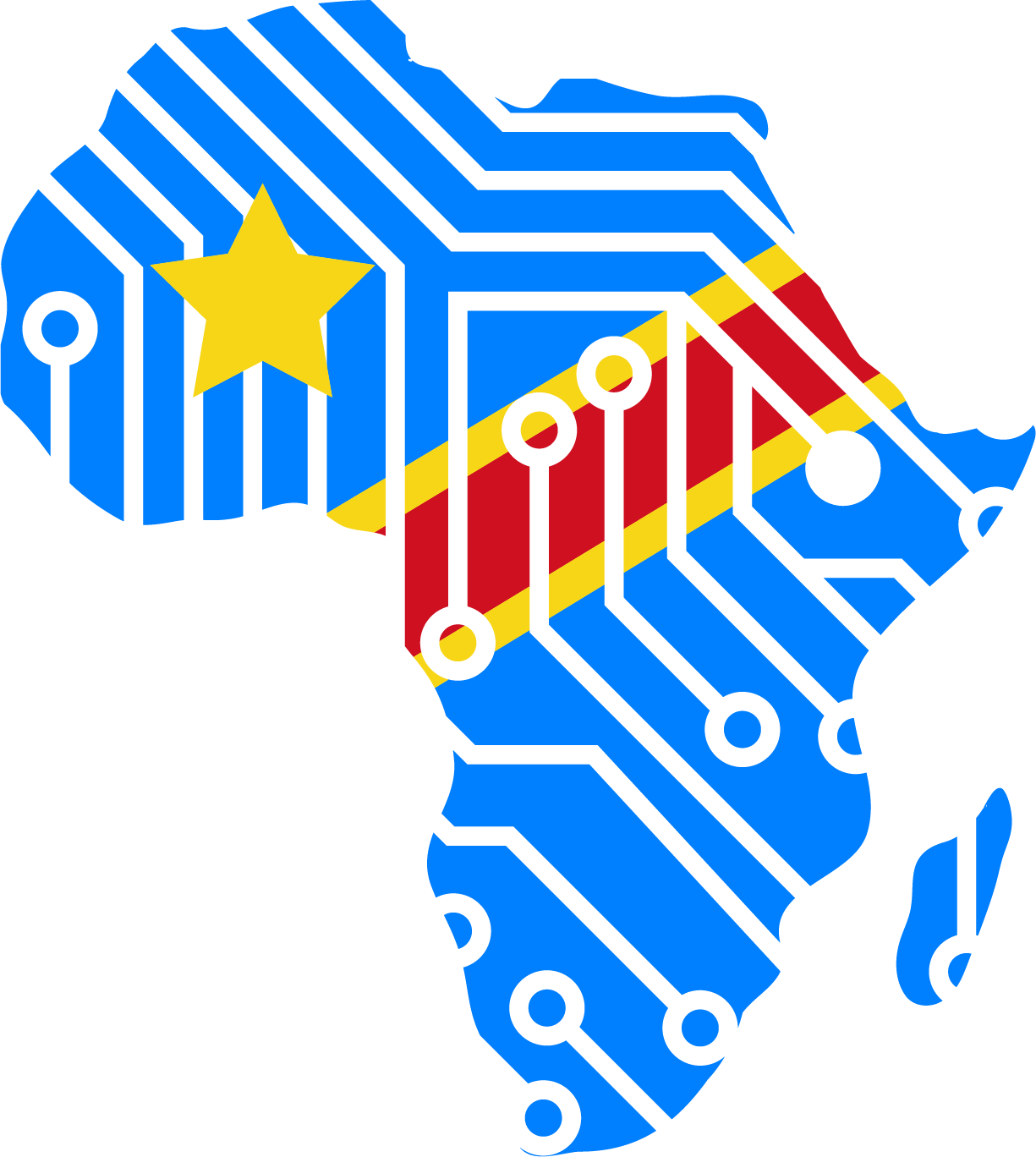 Carte de l'Afrique aux couleurs du drapeau de la république démocratique du Congo, avec des circuits, icône du site Africa digiempower république démocratique du Congo